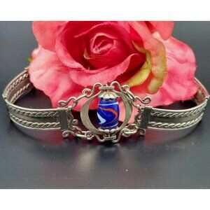 Unique Vintage Silver Tone Bracelet Blue Swirl Art Bead Center Retro